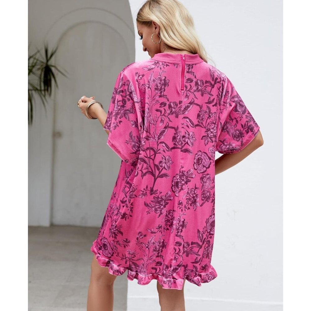 Women's Rose Vintage Velvet Dress Mini Floral Printed Short Sleeve - Picture 5 of 7